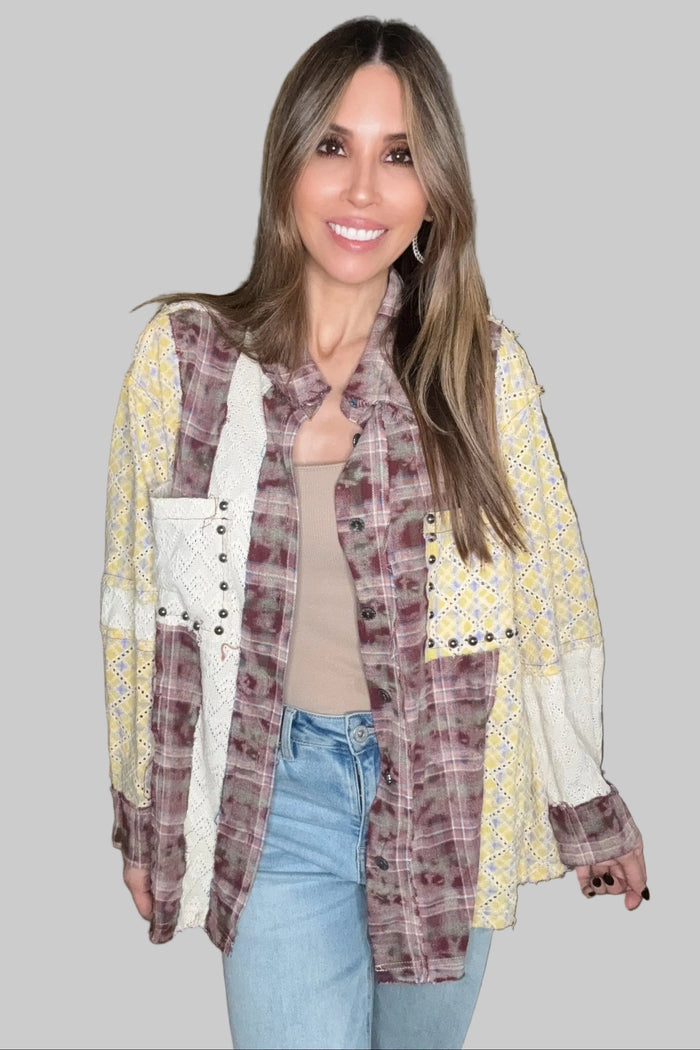 Style the Pol Red Brick Oversized Long Sleeve Lace Contrast Shirt in Plaid exclusively at Born To Glam