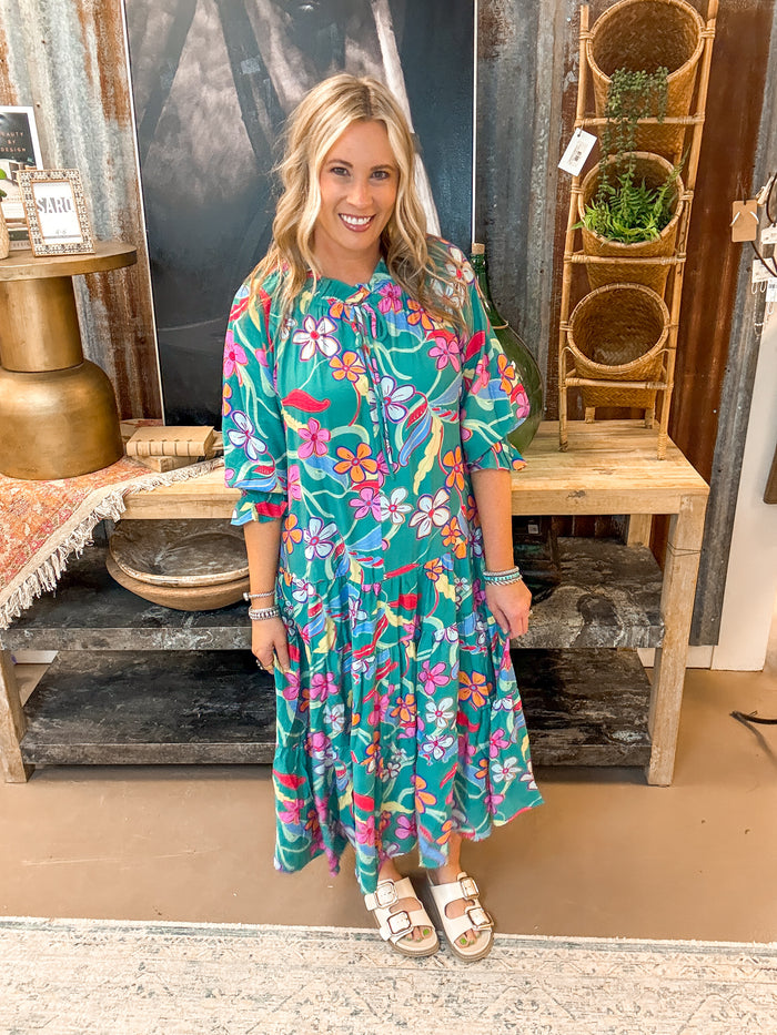 PRINTED PEACH BLOSSOM MAXI DRESS, JADE