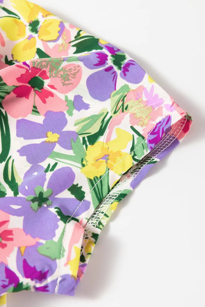 Purple Floral Print Puff Short Sleeve Crew Neck Blouse - Tops/Blouses & Shirts