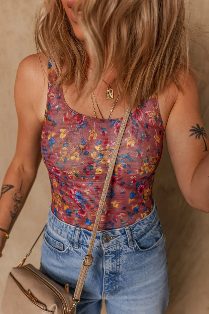 Purple Floral Printed Mesh U Neck Sleeveless Bodysuit - Tops/Bodysuits
