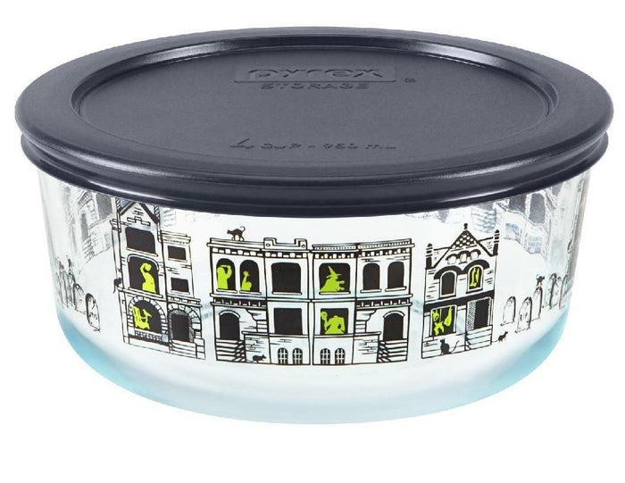 Pyrex 4 Cup HALLOWEEN Storage SPOOKY FUN /Haunted Mansion Cemetery FRIGHT NIGHT