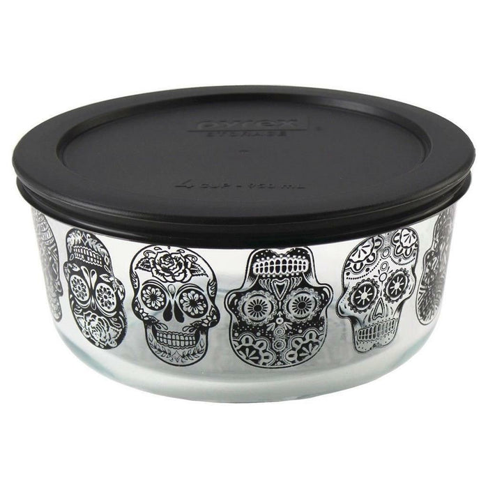 Pyrex DAY of the DEAD Halloween SUGAR SKULLS 4 Cup STORAGE BOWL Orange OR Black