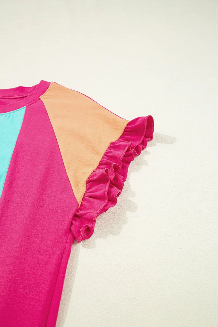 Rose Red Colour Block Ruffled Crew Neck Loose Fit T Shirt - Tops/Tops & Tees