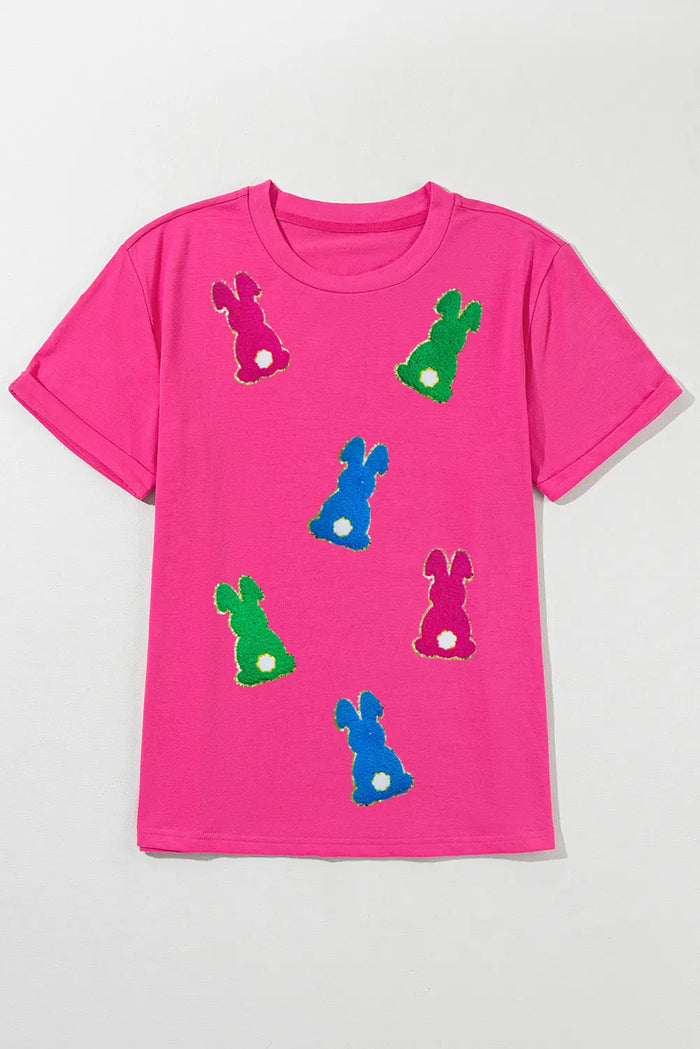 Rose Red Easter Rabbit Chenille Patched Pattern Crew Neck Tee - Graphic/Graphic Tees