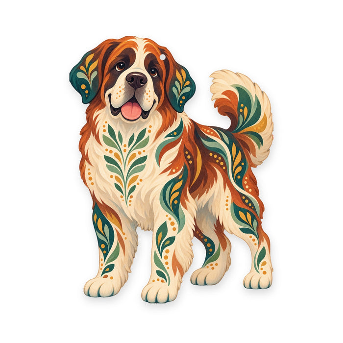 Saint Bernard folk art ornament O451 on white, laser-cut maple wood, made in USA