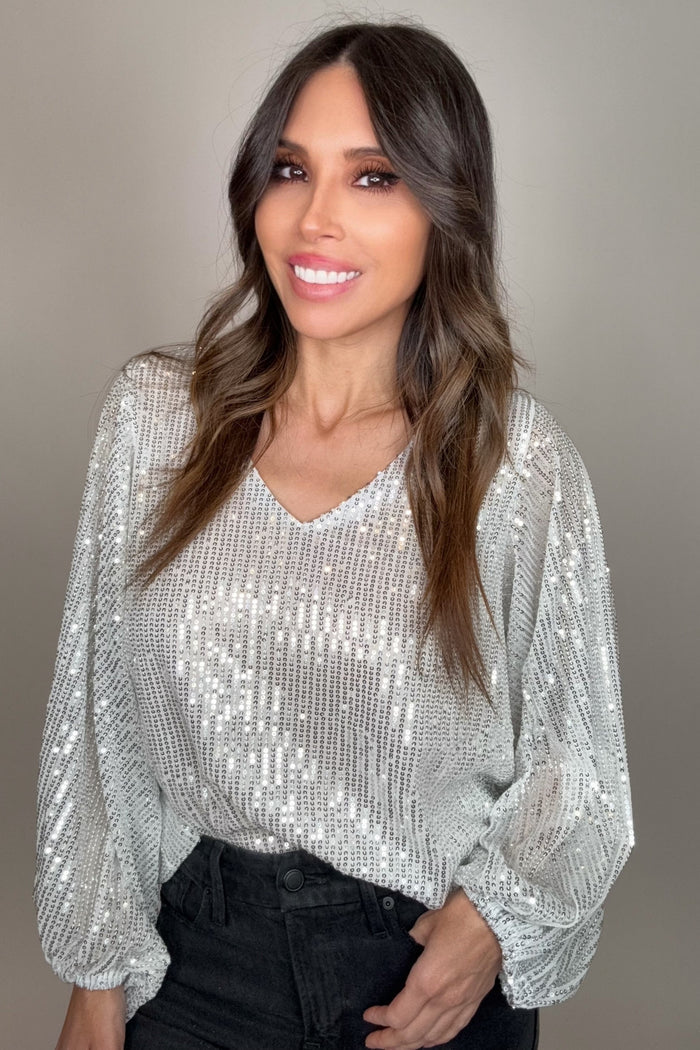 Style the Silver V-Neck Balloon Sleeves Sequin Blouse Top exclusively at Born To Glam