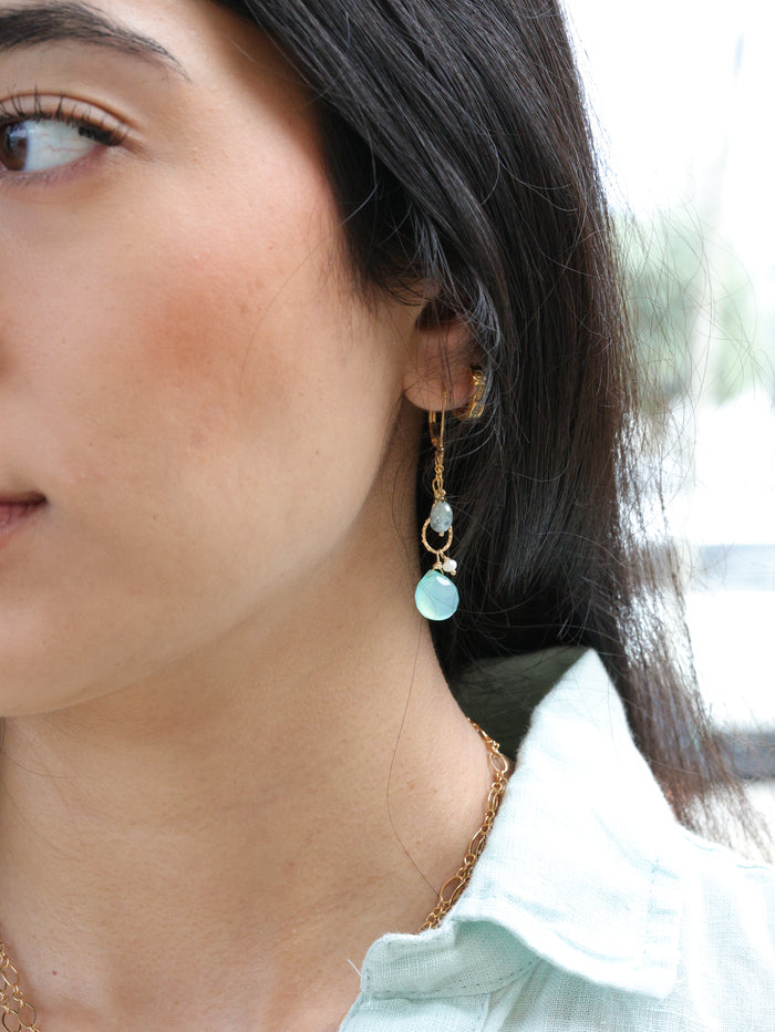 close up on model of the swinging gemstone earrings