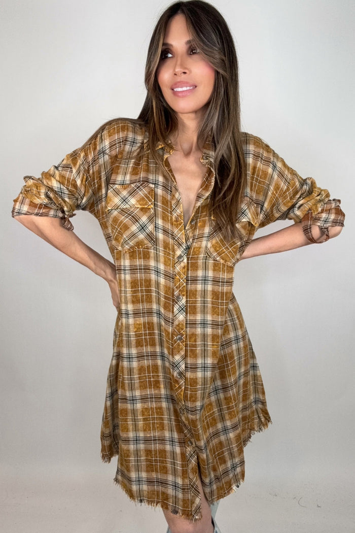 Style the Toffee Washed Plaid Shirt Dress exclusively at Born To Glam