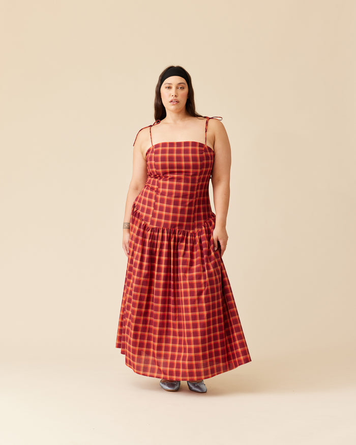 TRULLI MAXI DRESS BURGUNDY ORANGE TARTAN