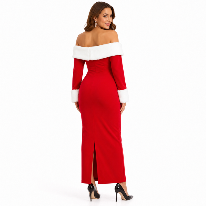 Women's red off-shoulder Christmas maxi dress back view showing the white faux-fur trim and rear slit