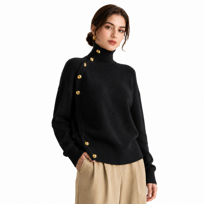 Women's black turtleneck sweater with gold button details on model against clean white studio background