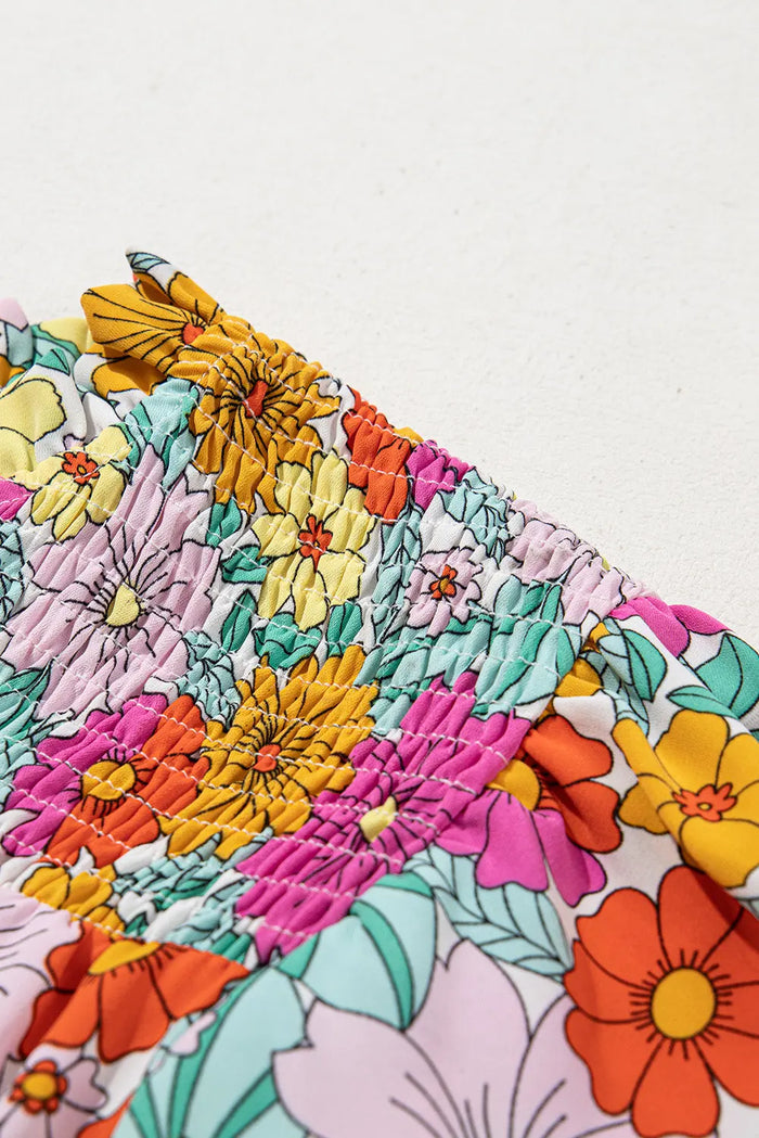 Yellow Floral Print Shirred Tiered Ruffled Sleeve Blouse - Tops/Blouses & Shirts