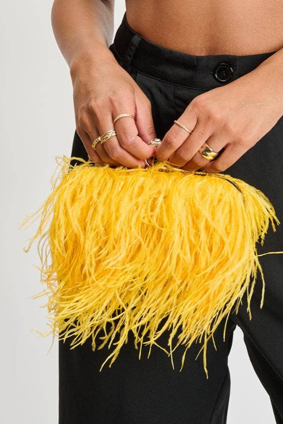 Style the Yellow Harlow Feather Evening Bag exclusively at Born To Glam