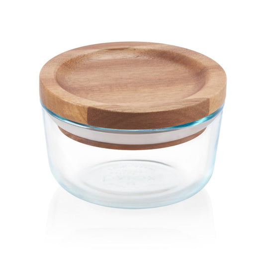 1 PYREX 1 CUP Glass Food Storage Container w/ WOODEN LID & SEAL Dry Goods, Crafts