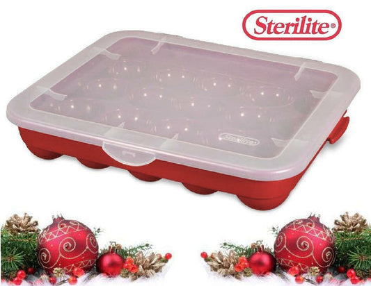 1 STERILITE Hard Plastic 20 CHRISTMAS ORNAMENT STORAGE Case BOX *Red Stackable