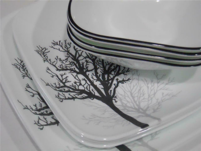 ❤️ 12-pc CORELLE Square TIMBER SHADOWS DINNERWARE SET *Black Grey Bare Trees