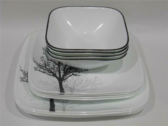 ❤️ 12-pc CORELLE Square TIMBER SHADOWS DINNERWARE SET *Black Grey Bare Trees