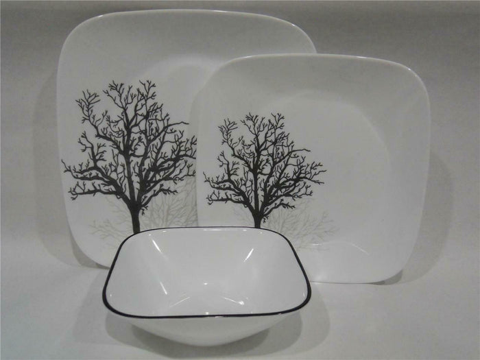 ❤️ 12-pc CORELLE Square TIMBER SHADOWS DINNERWARE SET *Black Grey Bare Trees