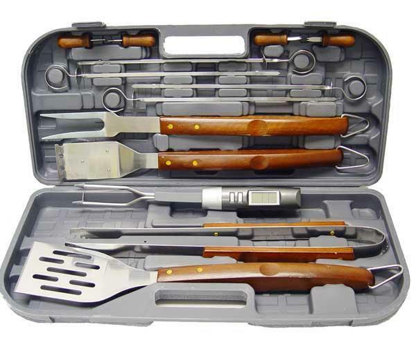 13pc BBQ GRILLING TOOL SET w/HARDWOOD HANDLES +CASE NEW