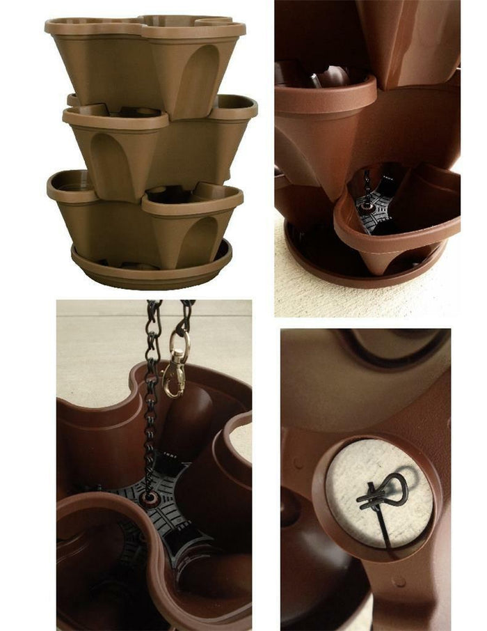14-Qt STACK-A-POT Tiered Stackable HANGING Planter Pots BROWN Flowers Herbs *NEW