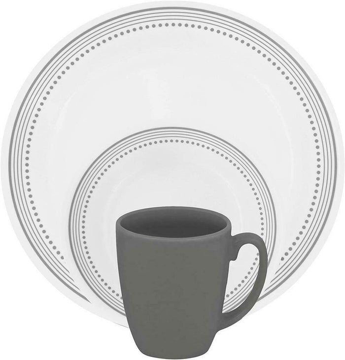 ❤️ 16-pc Corelle MYSTIC GRAY Dinnerware Set SOFT GREY BANDS & DOTS BORDER