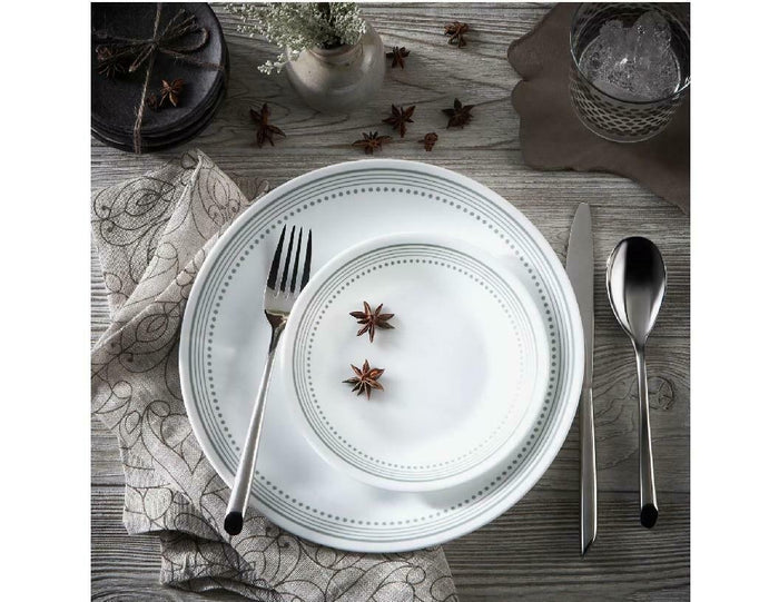 ❤️ 16-pc Corelle MYSTIC GRAY Dinnerware Set SOFT GREY BANDS & DOTS BORDER