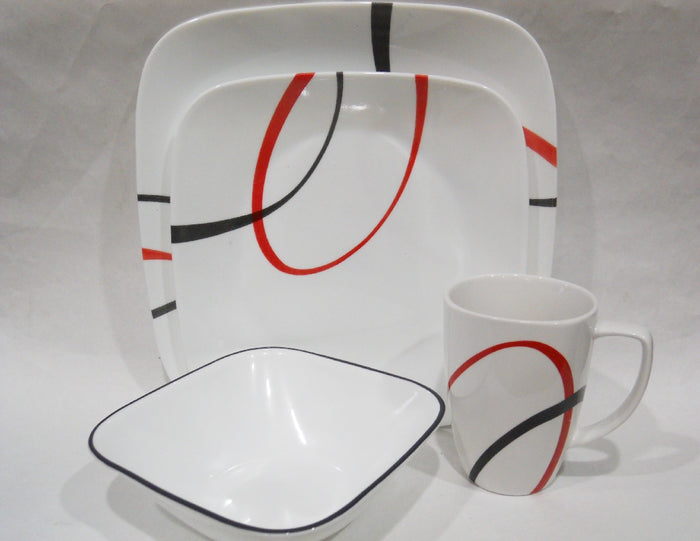 16-pc CORELLE Square FINE LINES DINNERWARE SET *Black Red Sweeping Arcs