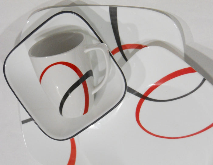16-pc CORELLE Square FINE LINES DINNERWARE SET *Black Red Sweeping Arcs