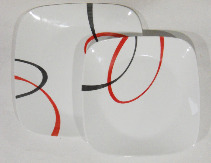 16-pc CORELLE Square FINE LINES DINNERWARE SET *Black Red Sweeping Arcs