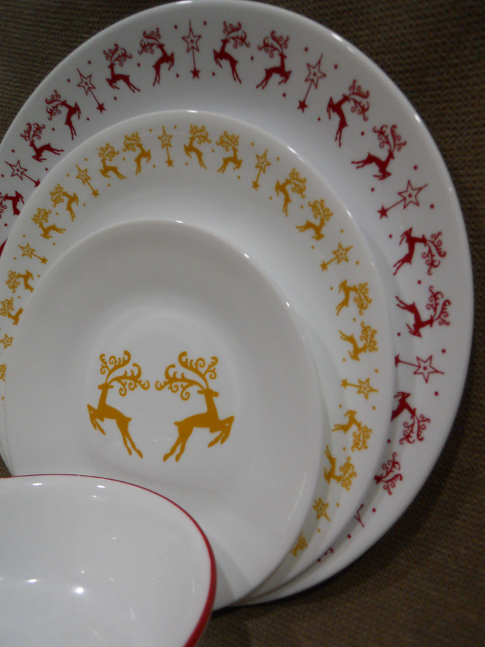 16pc Corelle DANCER & PRANCER Dinnerware Set Christmas Holiday Red Gold Reindeer