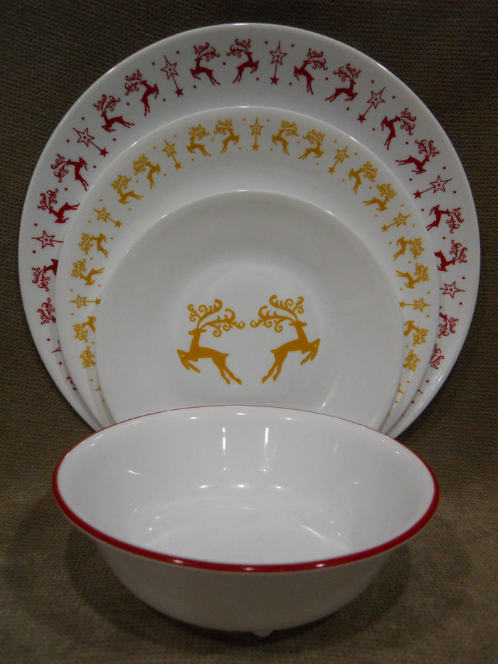16pc Corelle DANCER & PRANCER Dinnerware Set Christmas Holiday Red Gold Reindeer