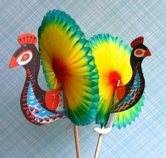 20 ASIAN PEACOCK COCKTAIL PICKS Tropical Drink Exotic ROSETTES Paper Cardboard