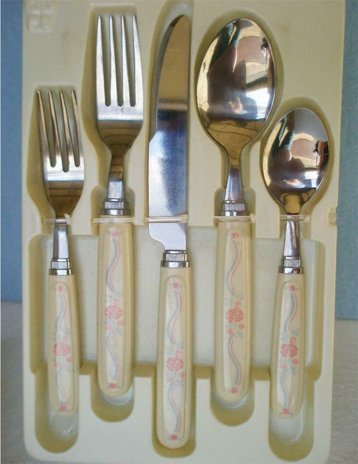 20-pc Corelle ENGLISH BREAKFAST Stainless FLATWARE Set *Pink Blue Sandstone