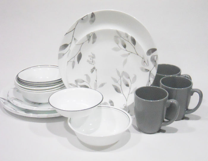 20-pc Corelle MISTY LEAVES DINNERWARE SET Plates Bowls & Mugs *Gray Grey Watercolors
