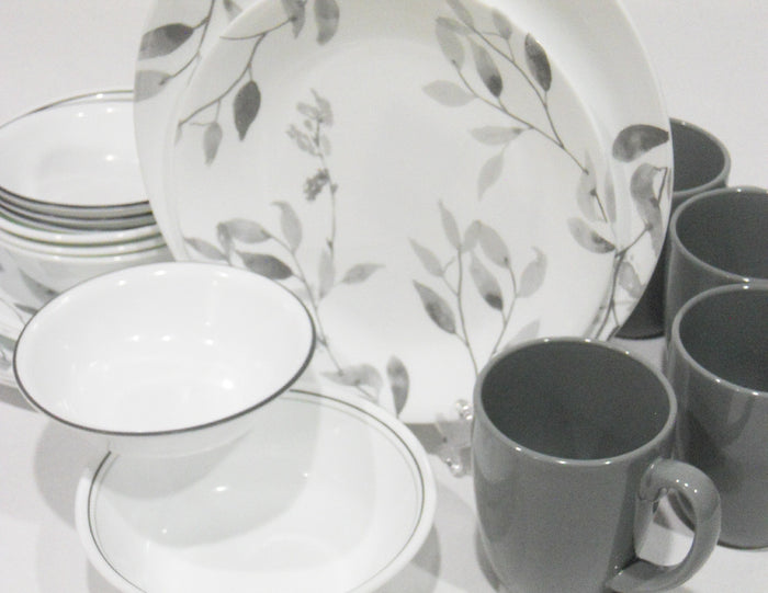 20-pc Corelle MISTY LEAVES DINNERWARE SET Plates Bowls & Mugs *Gray Grey Watercolors