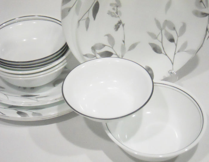 20-pc Corelle MISTY LEAVES DINNERWARE SET Plates Bowls & Mugs *Gray Grey Watercolors