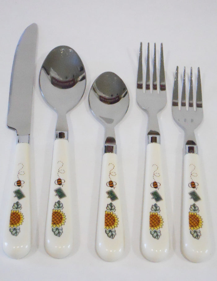 20-pc Corelle SUNBLOSSOMS FLATWARE SET Regent Sheffield / Sandstone Bees Seeds Sunflowers