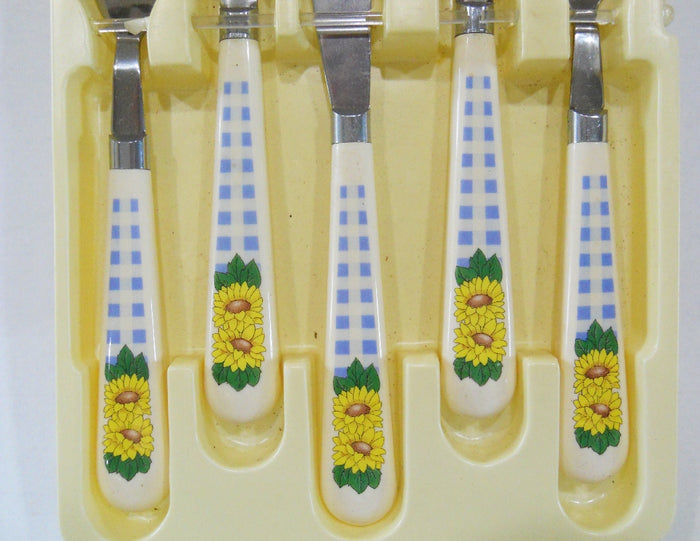 ❤️ 20-pc Corelle SUNSATIONS FLATWARE SET Sunflowers Stainless *Yellow Floral Blue Gingham