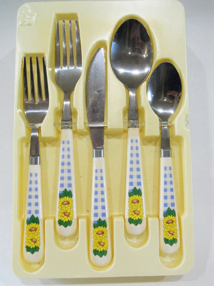 ❤️ 20-pc Corelle SUNSATIONS FLATWARE SET Sunflowers Stainless *Yellow Floral Blue Gingham