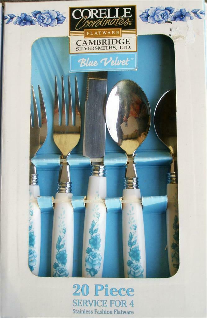 20pc Corelle BLUE VELVET ROSES Cambridge Silversmiths Stainless FLATWARE Set NEW
