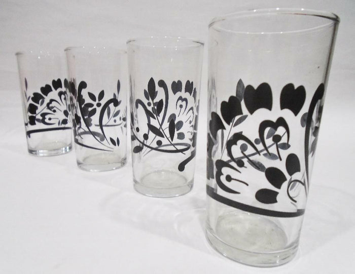 4 BLACK DAMASK 7-oz JUICE GLASSES Floral Spray Berries Leaves MATTE Finish 4.25"