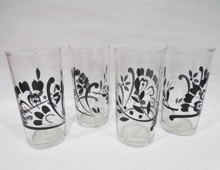 4 BLACK DAMASK 7-oz JUICE GLASSES Floral Spray Berries Leaves MATTE Finish 4.25"