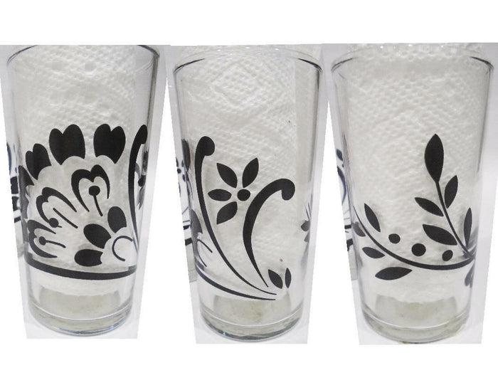 4 BLACK DAMASK 7-oz JUICE GLASSES Floral Spray Berries Leaves MATTE Finish 4.25"