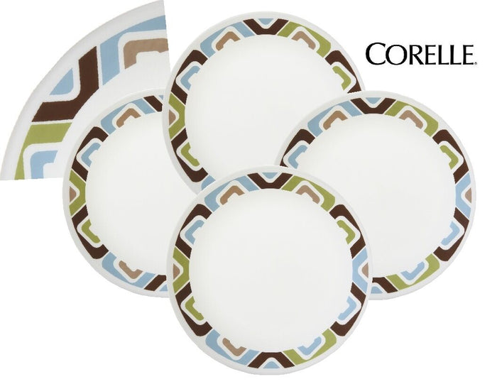 4 Corelle Livingware SQUARED 6 3/4" BREAD PLATES Retro SQUARES Blue Green Brown