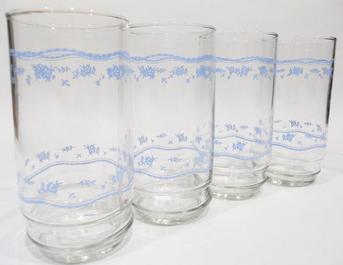 4 Corelle MORNING BLUE Floral 16-oz GLASSES 5 7/8" Iced Tea Pedestal Tumblers