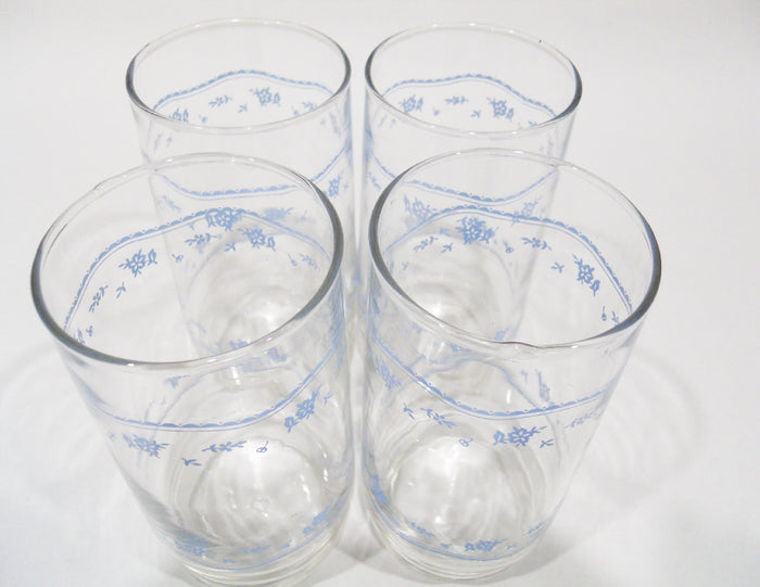 4 Corelle MORNING BLUE Floral 16-oz GLASSES 5 7/8" Iced Tea Pedestal Tumblers