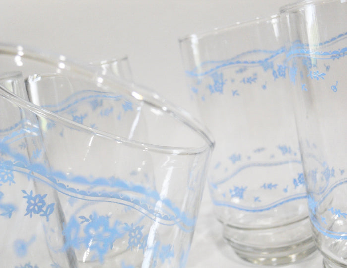 4 Corelle MORNING BLUE Floral 16-oz GLASSES 5 7/8" Iced Tea Pedestal Tumblers