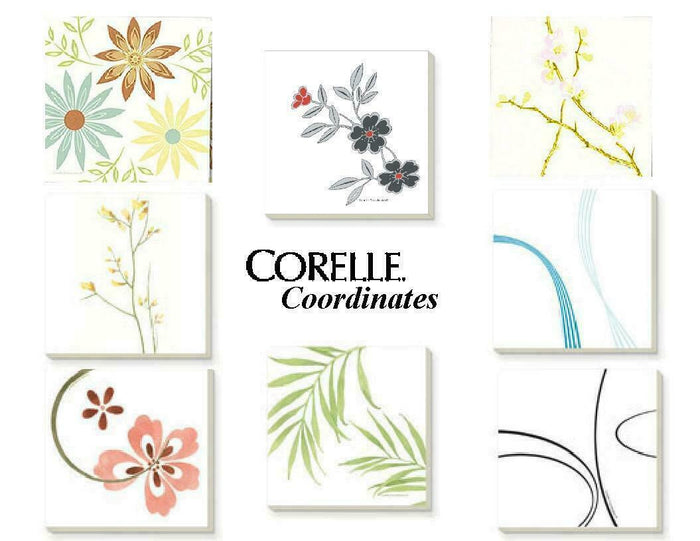 4 Corelle Square STONEWARE Drink COASTER Set +OAK WOOD CADDY Holder Beverage NEW