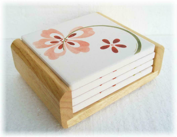 4 Corelle Square STONEWARE Drink COASTER Set +OAK WOOD CADDY Holder Beverage NEW