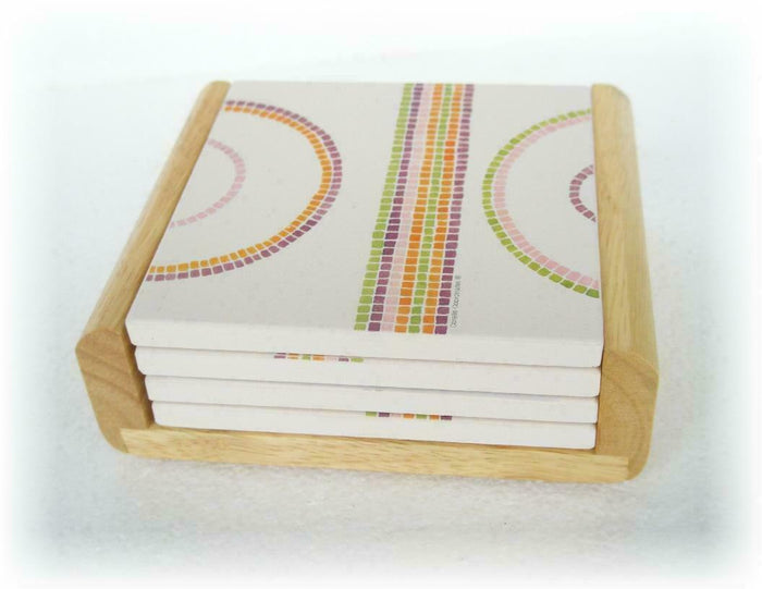 4 Corelle Square STONEWARE Drink COASTER Set +OAK WOOD CADDY Holder Beverage NEW